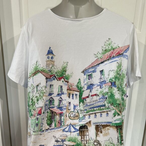 Alfred Dunner Plus Size 3X White Cafe Scenic T-Shirt Short Sleeve Rhinestone - Picture 9 of 10